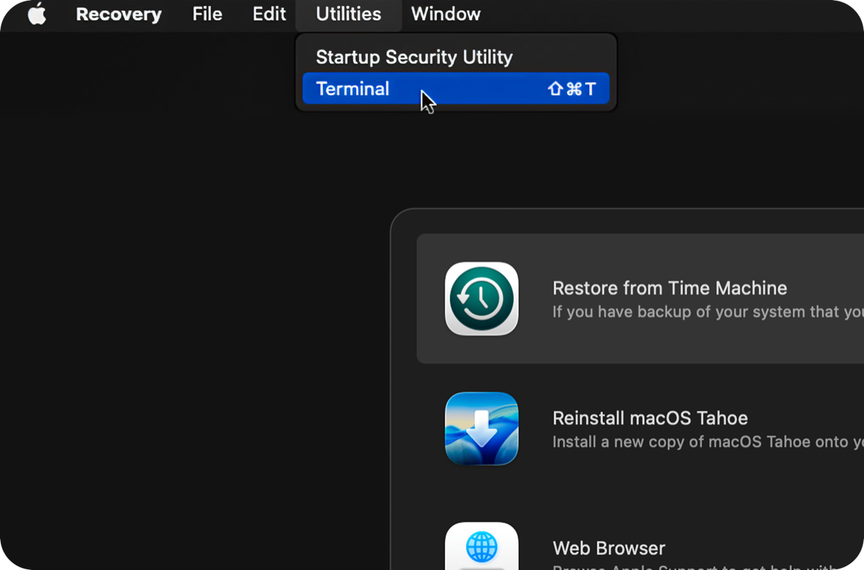 The Recovery menu bar with Utilities open and Terminal highlighted.