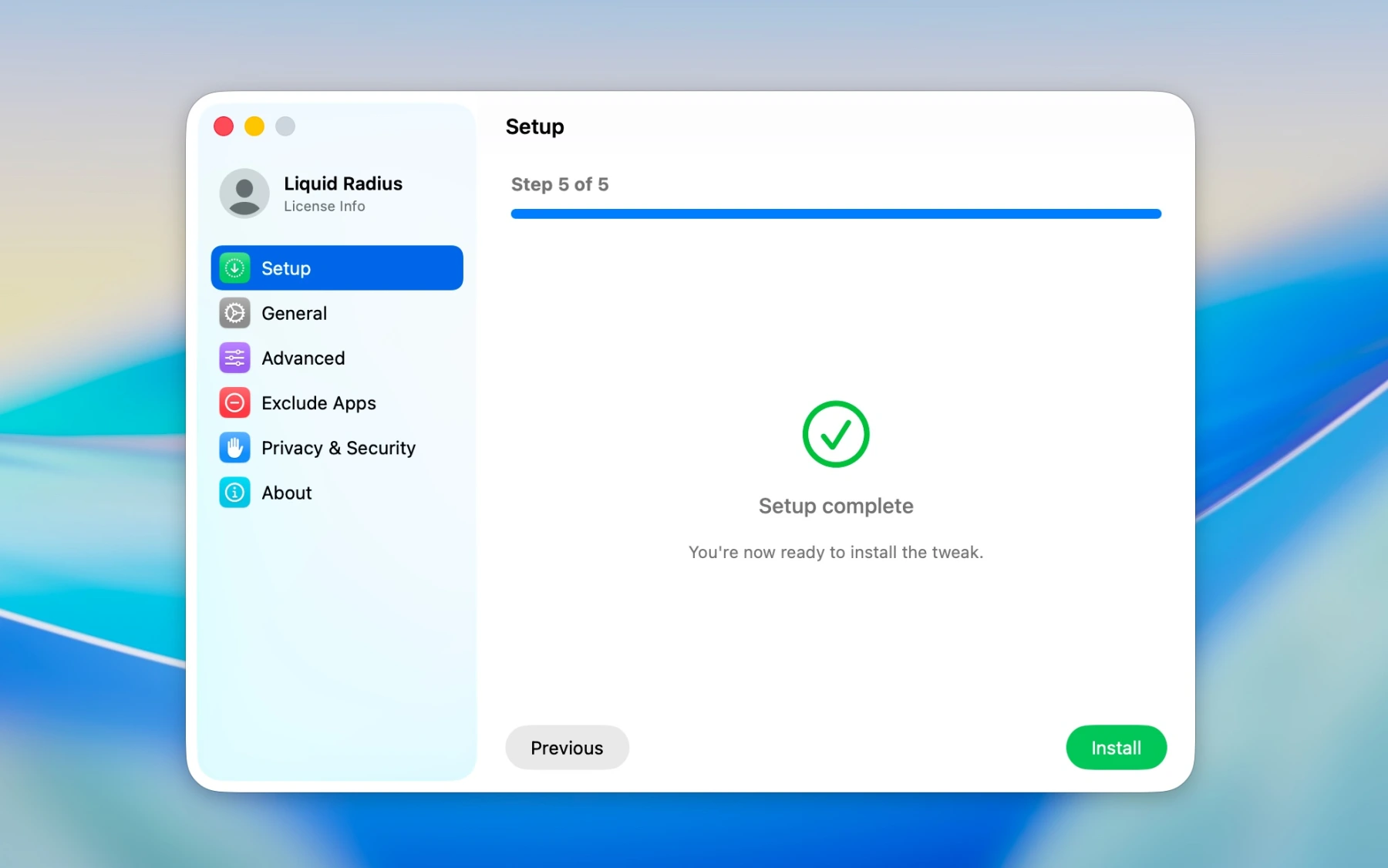 The Setup screen in Liquid Radius showing setup complete, with the Install button